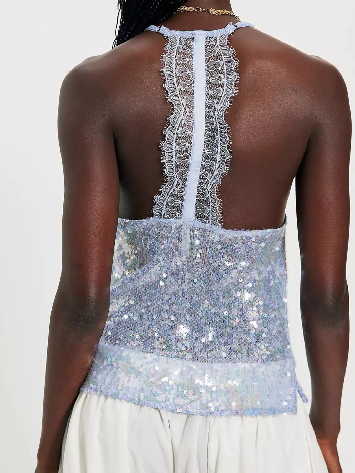Cedar & Moore Sequin Lace Trim Halter Neck Cami in pale blue with lace back panel