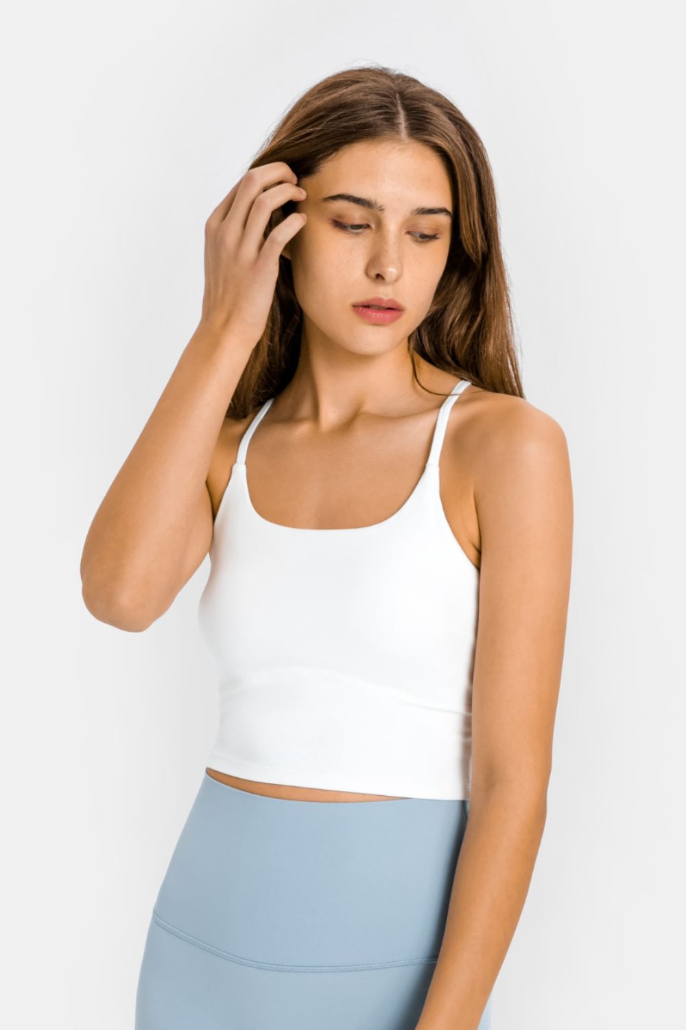 White scoop neck sports cami, sleeveless with racerback style