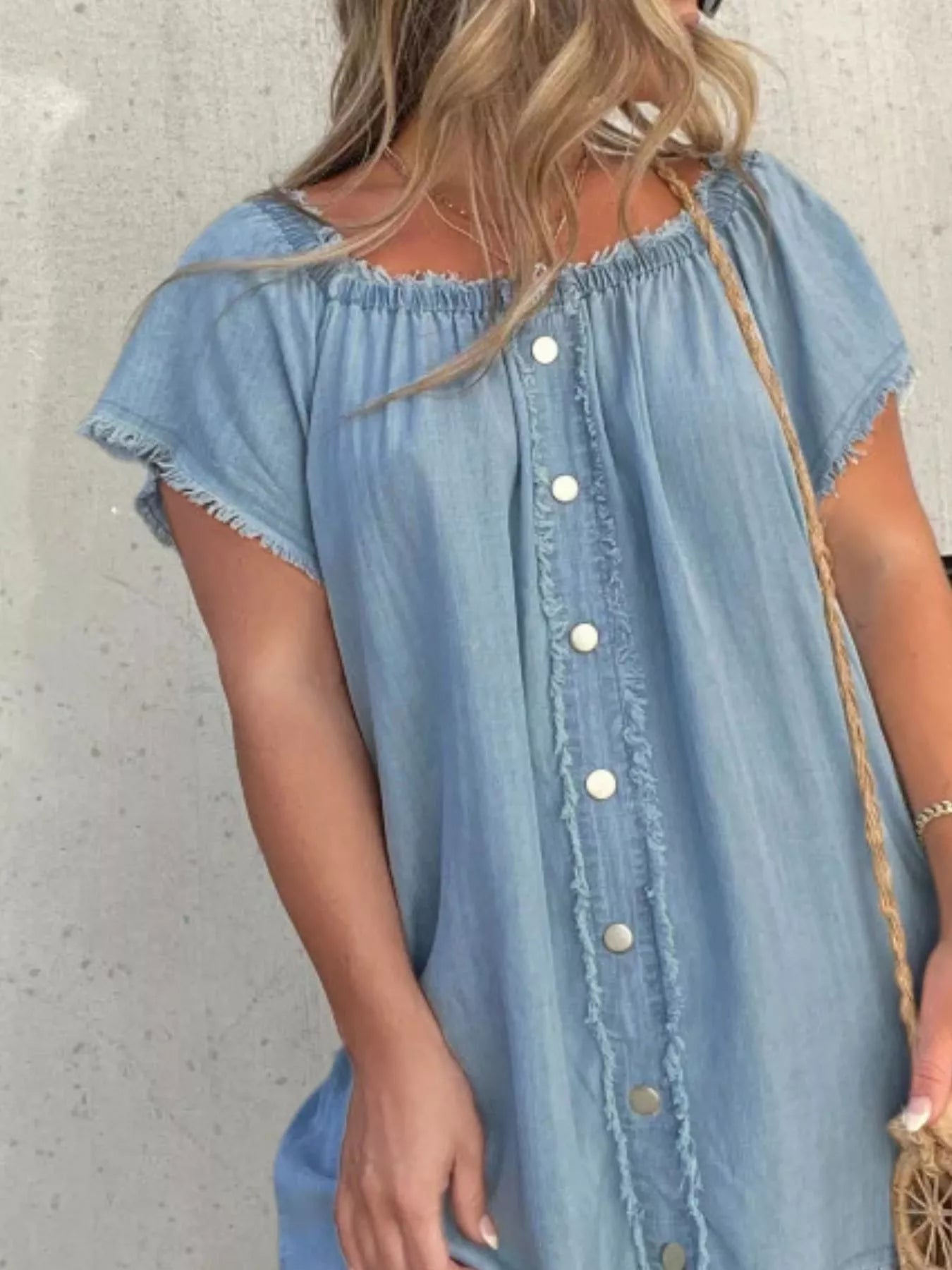 Cedar & Moore Full Size Off-Shoulder Button-Down Frayed Denim Dress, light blue, plus size