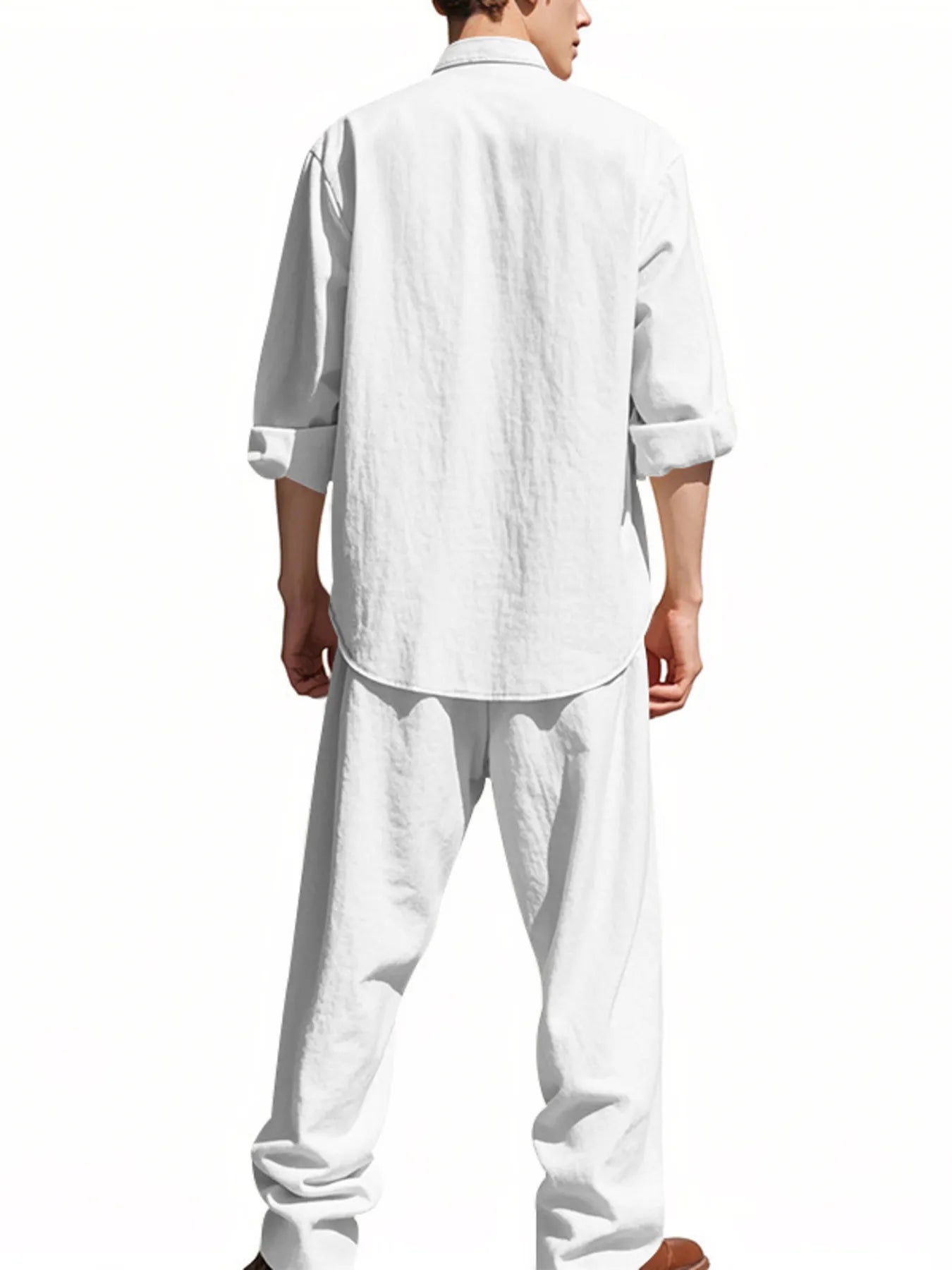 Light blue button-up shirt and pants set with long sleeves, collar, and front buttons
