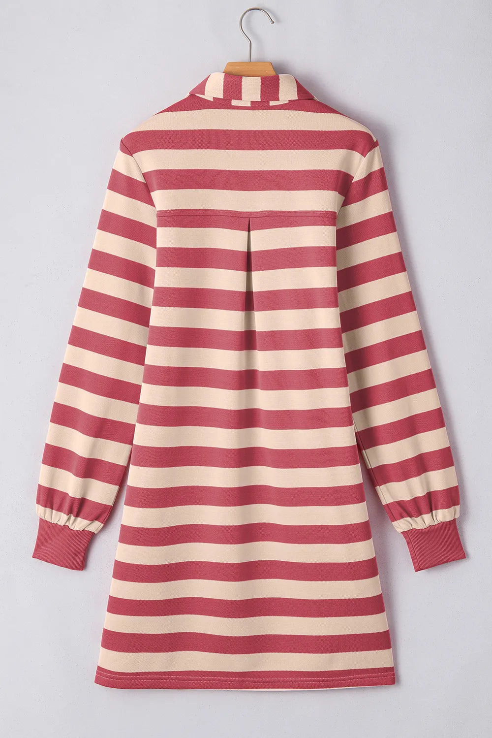 Dusty pink and cream striped long-sleeve mini dress with back yoke and button placket