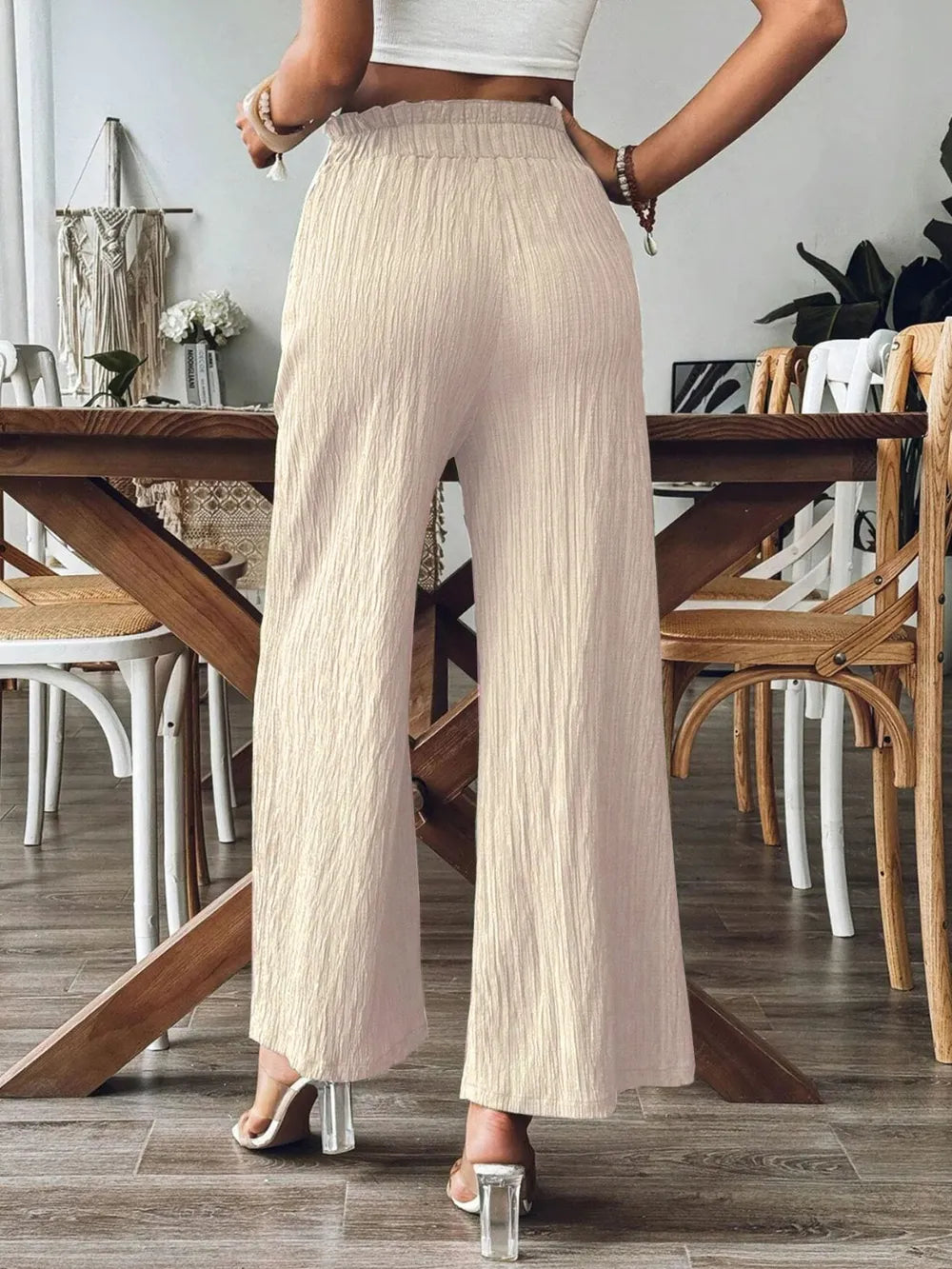 Frill wide-leg pants in beige, textured fabric, elastic waist, wide straight legs