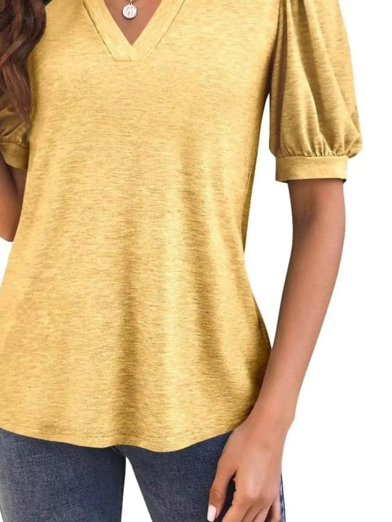 Cedar & Moore Puff Sleeve Notched Casual T-Shirt in mustard yellow; Trendsi top with puff sleeves