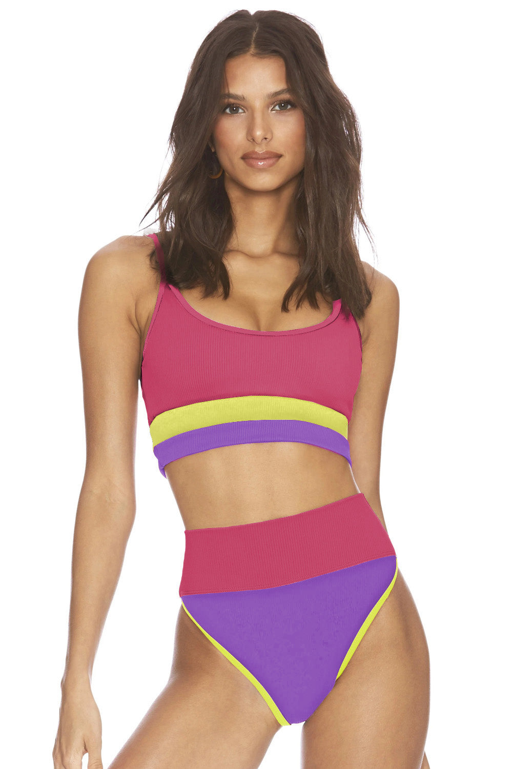 Two-piece swim set with spaghetti straps, pink top and matching high-cut bottoms