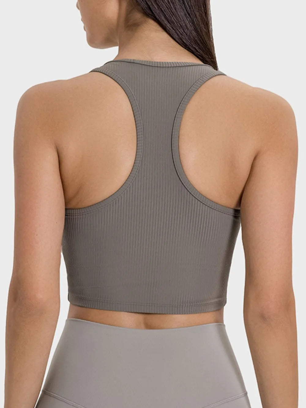 Scoop neck wide-strap active tank, heather gray ribbed knit racerback back view