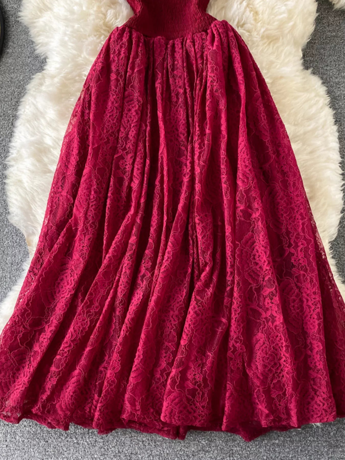 Cedar & Moore Ruffled Mock Neck Lace Maxi Dress in magenta lace