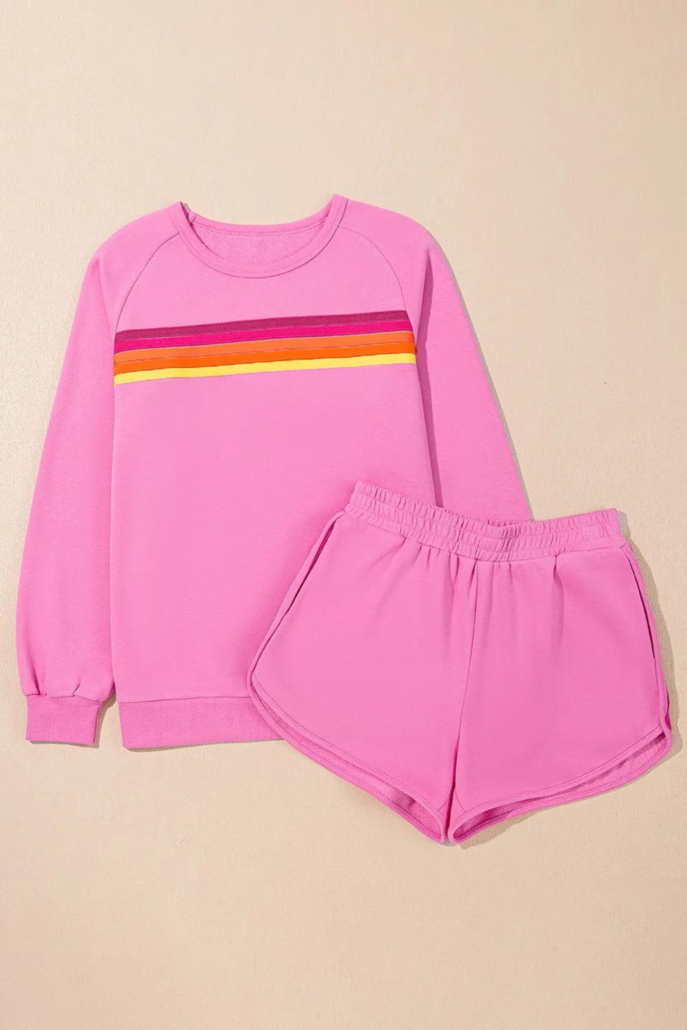 Round-neck top and shorts set with rainbow striped yoke and matching shorts