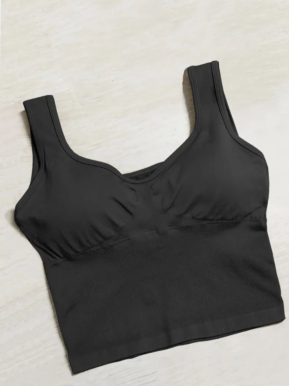 Black wide-strap active tank, scoop neck, ruched bust seams, sleeveless