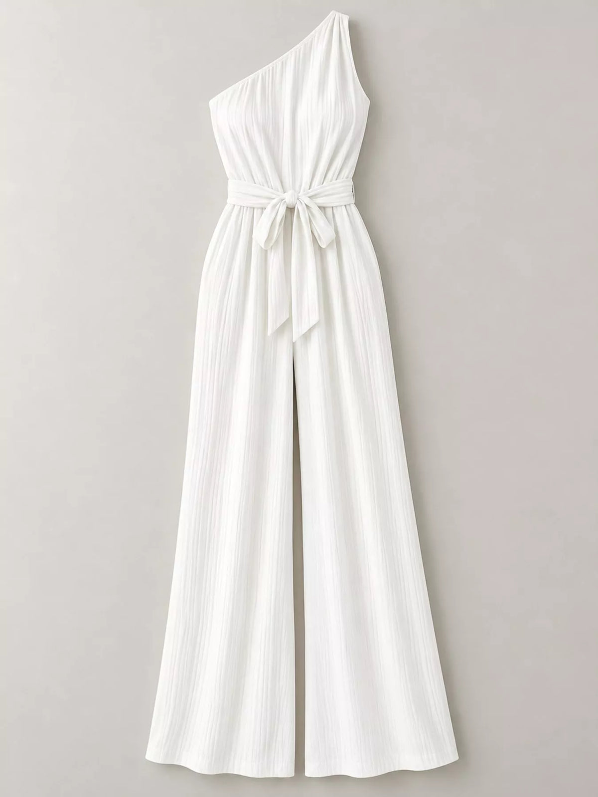 One-shoulder pleated wide-leg jumpsuit in white with self-tie waist and wide leg openings