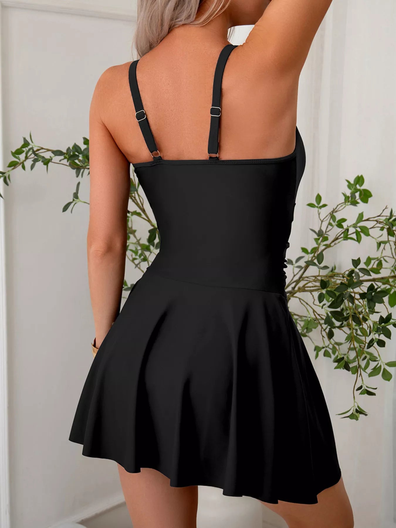 Mesh Panel Scoop Neck One-Piece Swimsuit in black with adjustable straps