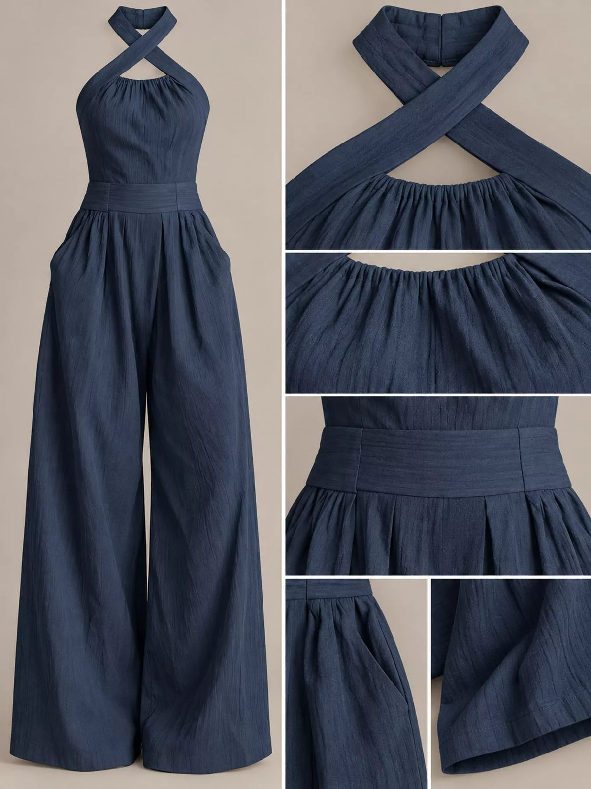 Navy halter linen jumpsuit with wide legs and gathered waist detail