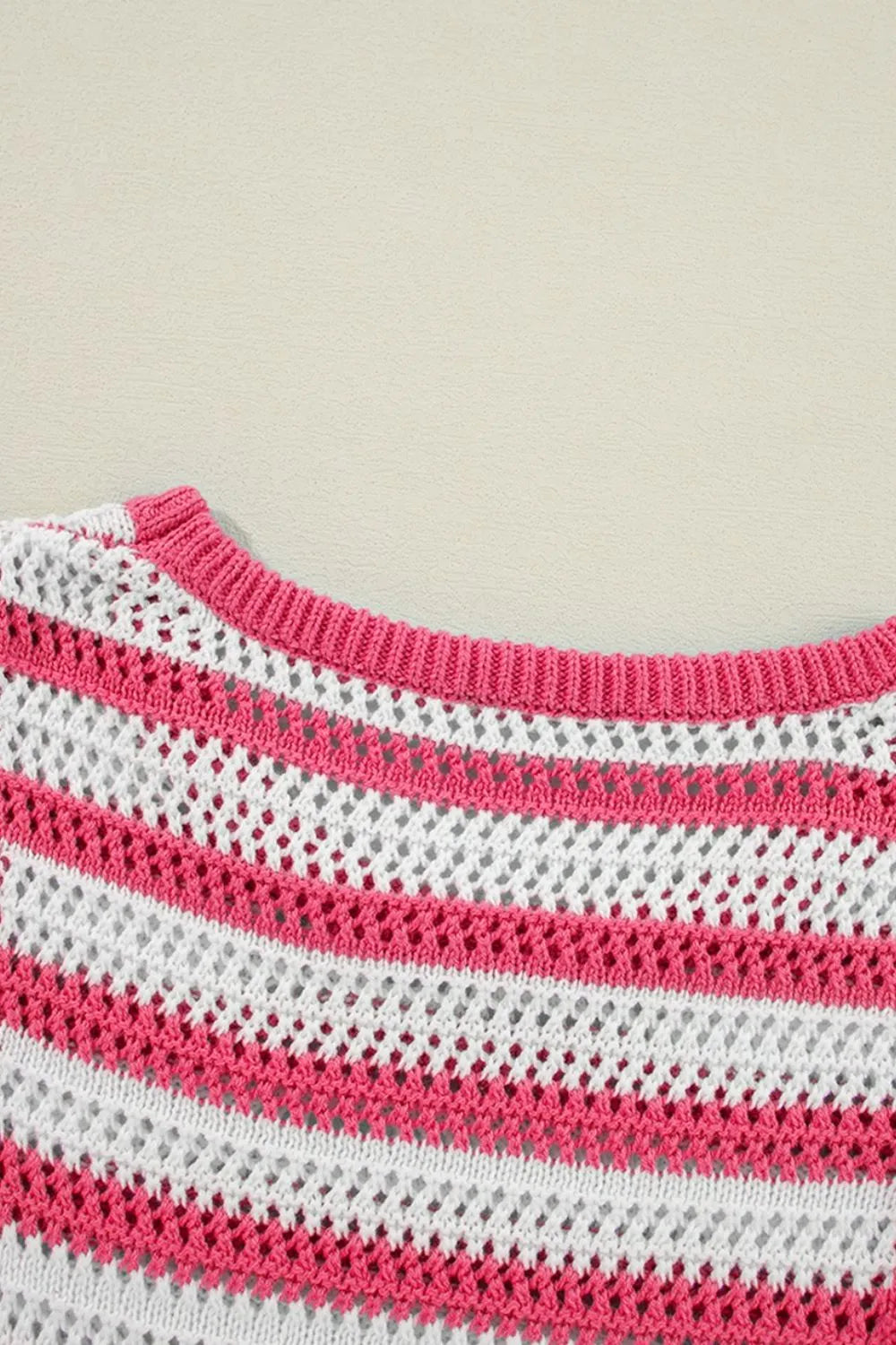 Sleeveless striped knit sweater dress, pink and white, ribbed crew neckline