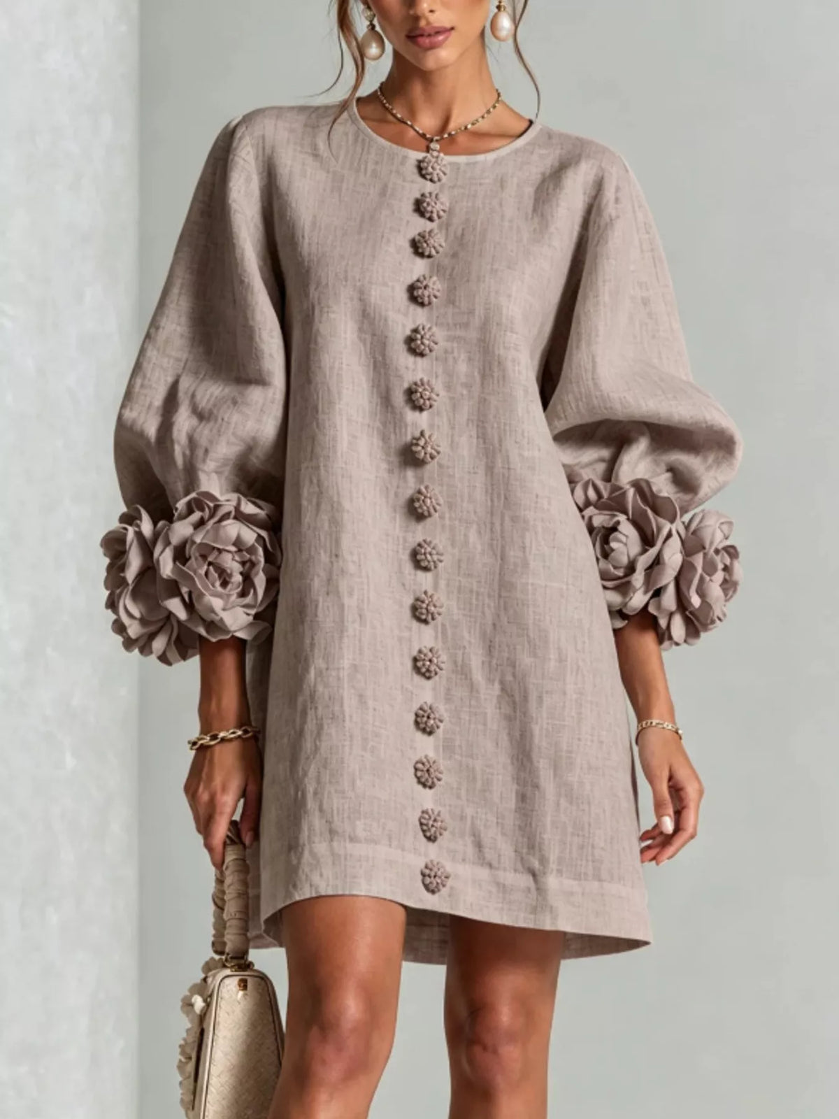 Beige floral applique mini dress with quarter sleeves and front buttons