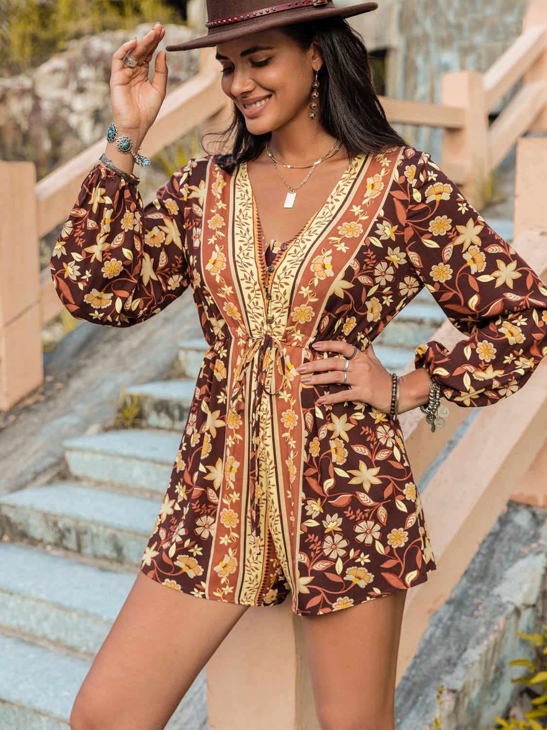 Cedar & Moore V-Neck Long Sleeve Romper in brown floral print by Trendsi