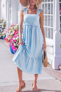 Cedar & Moore solid light blue high waist sleeveless dress with ruffle trim, Trendsi