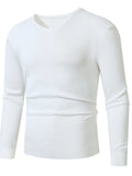 Men’s plus size ribbed hem long sleeve sweater, V-neck, white with ribbed cuffs