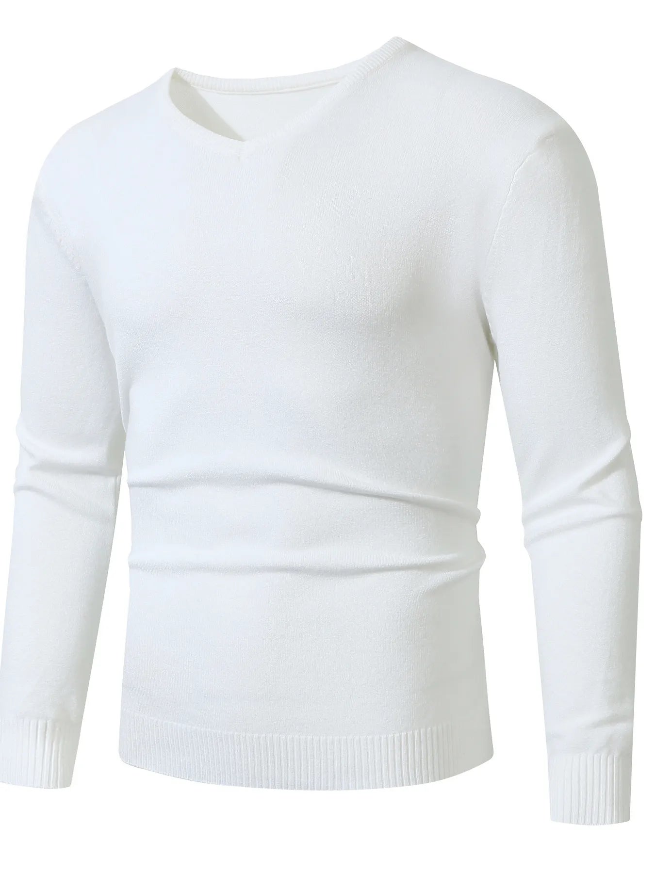 Men’s plus size ribbed hem long sleeve sweater, V-neck, white with ribbed cuffs