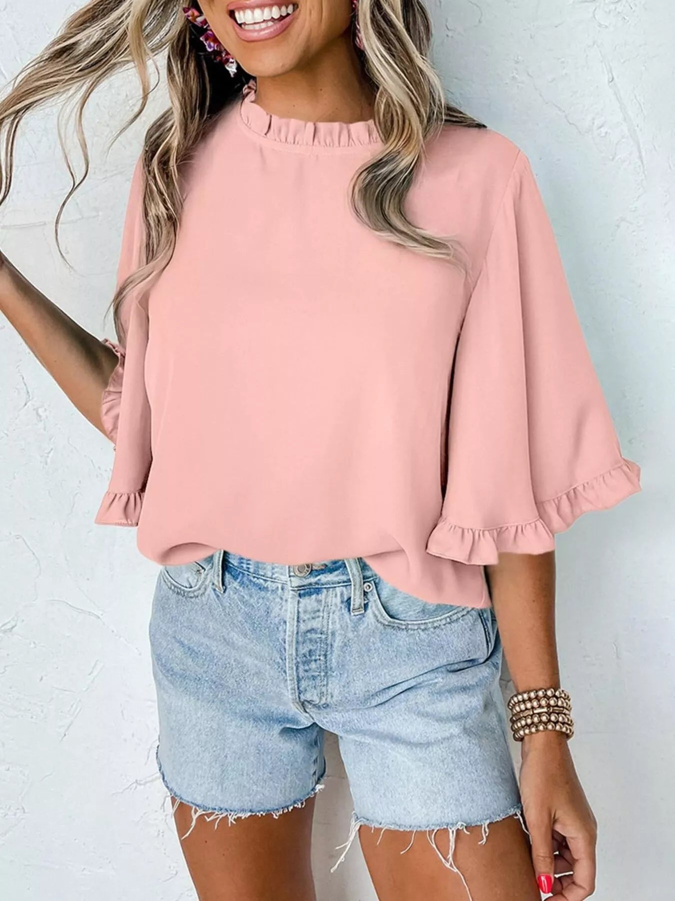Ruffle-trim pink half-sleeve blouse, casual women's top