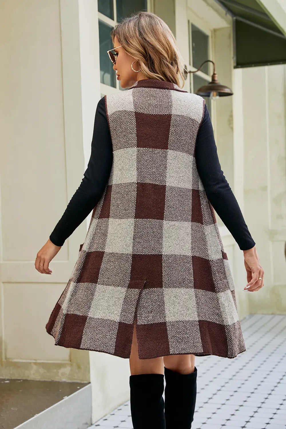 Plaid open-front sleeveless cardigan with pockets, brown and gray check pattern