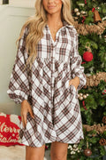 Plaid collared mini shirt dress with long balloon sleeves and button front, white base