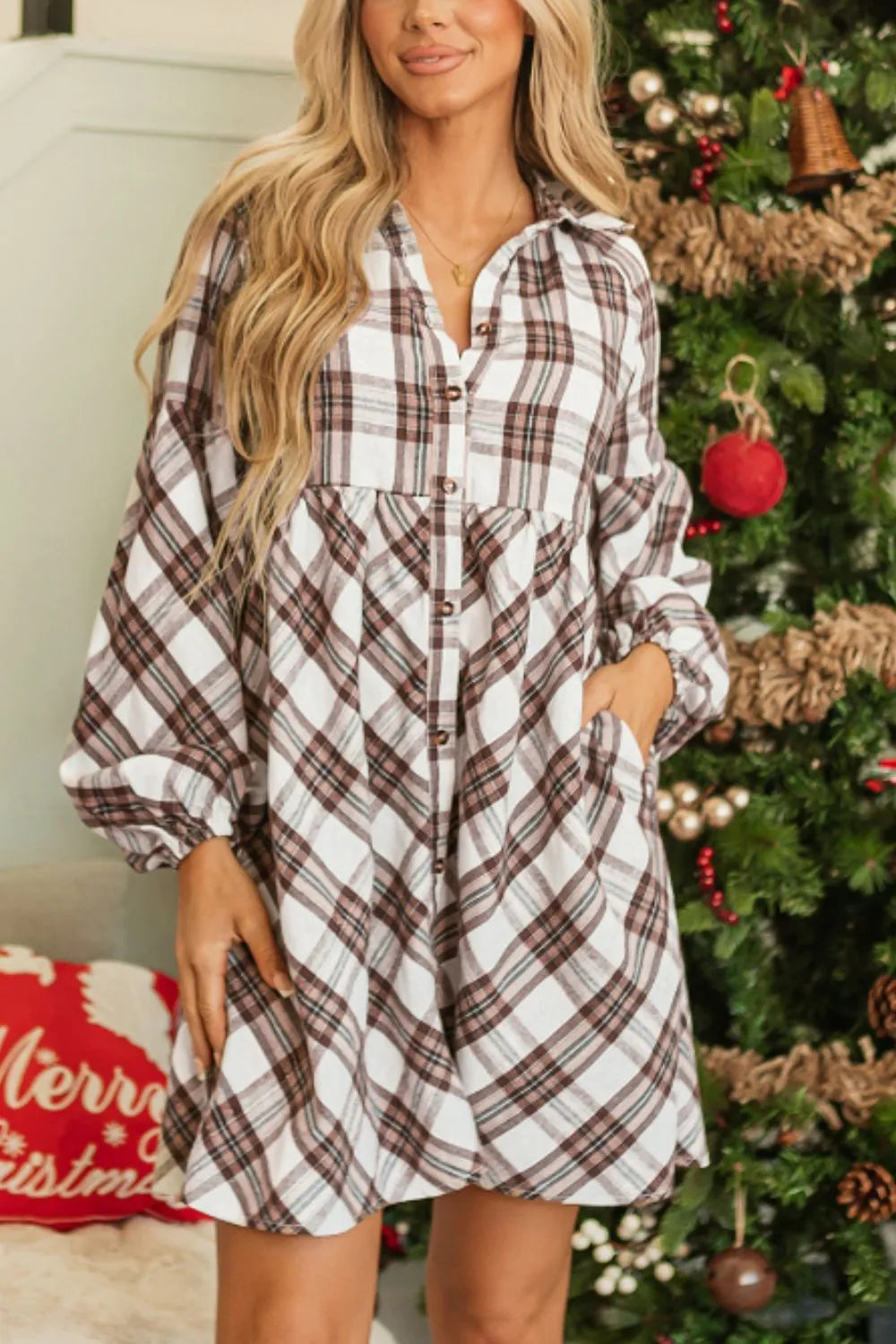 Plaid collared mini shirt dress with long balloon sleeves and button front, white base