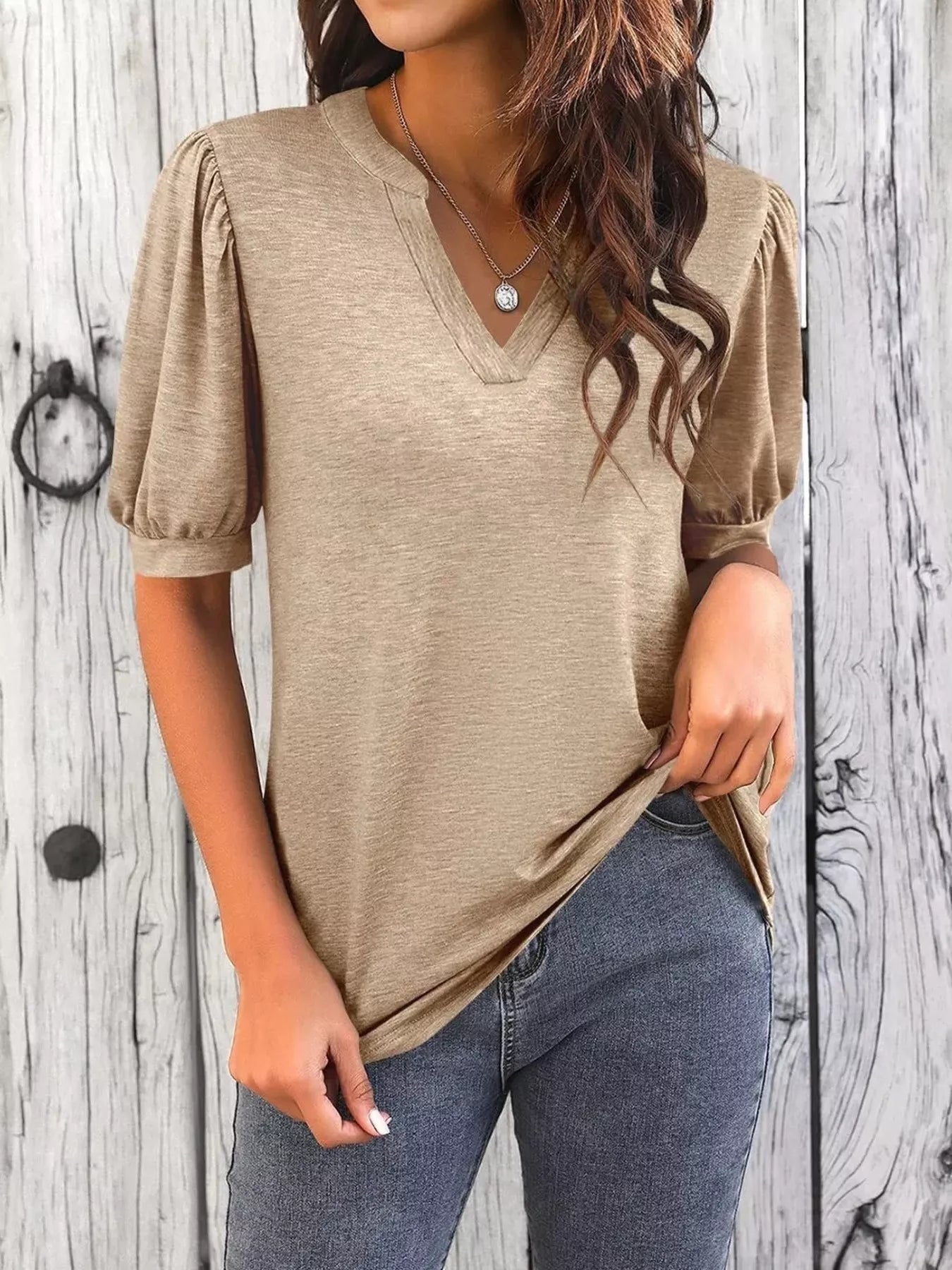 Cedar & Moore Puff Sleeve Notched Casual T-Shirt in tan knit fabric, women's top by Trendsi