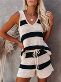 Apricot striped knit tank and shorts set, V-neck, sleeveless, black stripes, drawstring waist
