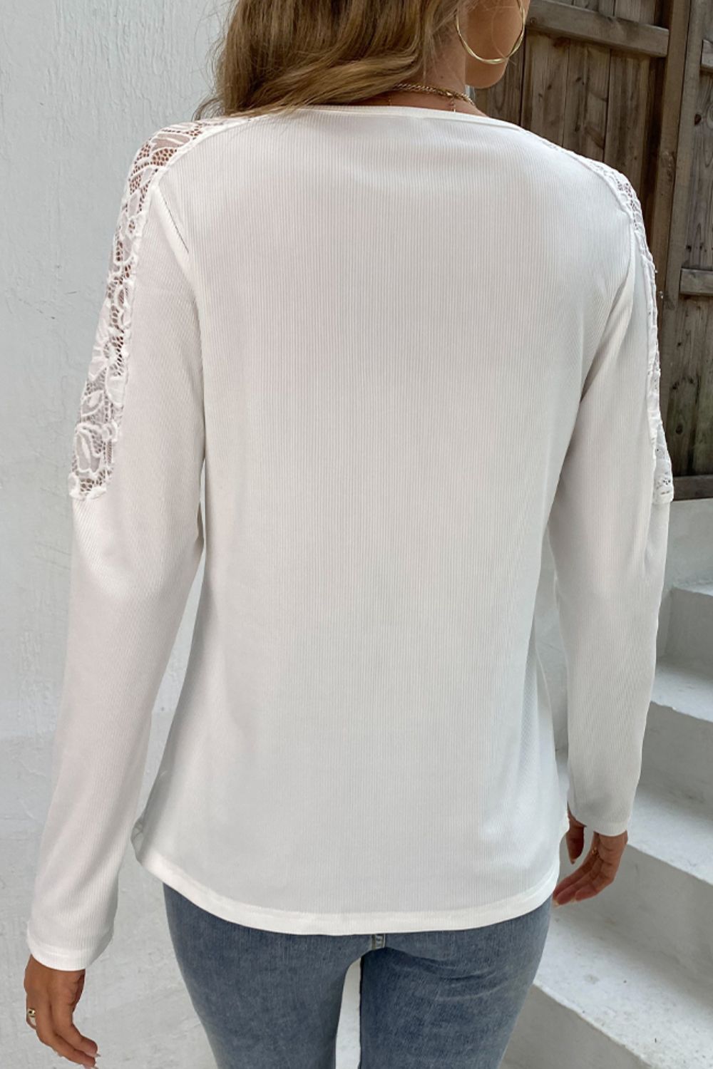Cedar & Moore Shiny Spliced Lace Notched Neck Top by Trendsi - white knit with lace sleeve panels