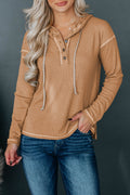 Khaki dropped-shoulder buttoned hoodie with drawstring hood and henley placket