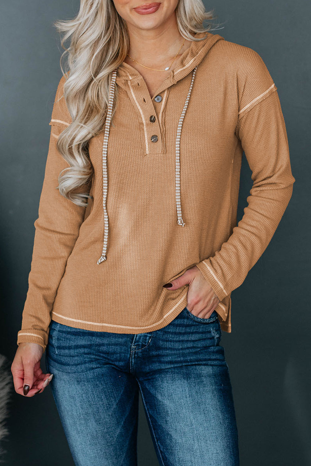 Khaki dropped-shoulder buttoned hoodie with drawstring hood and henley placket