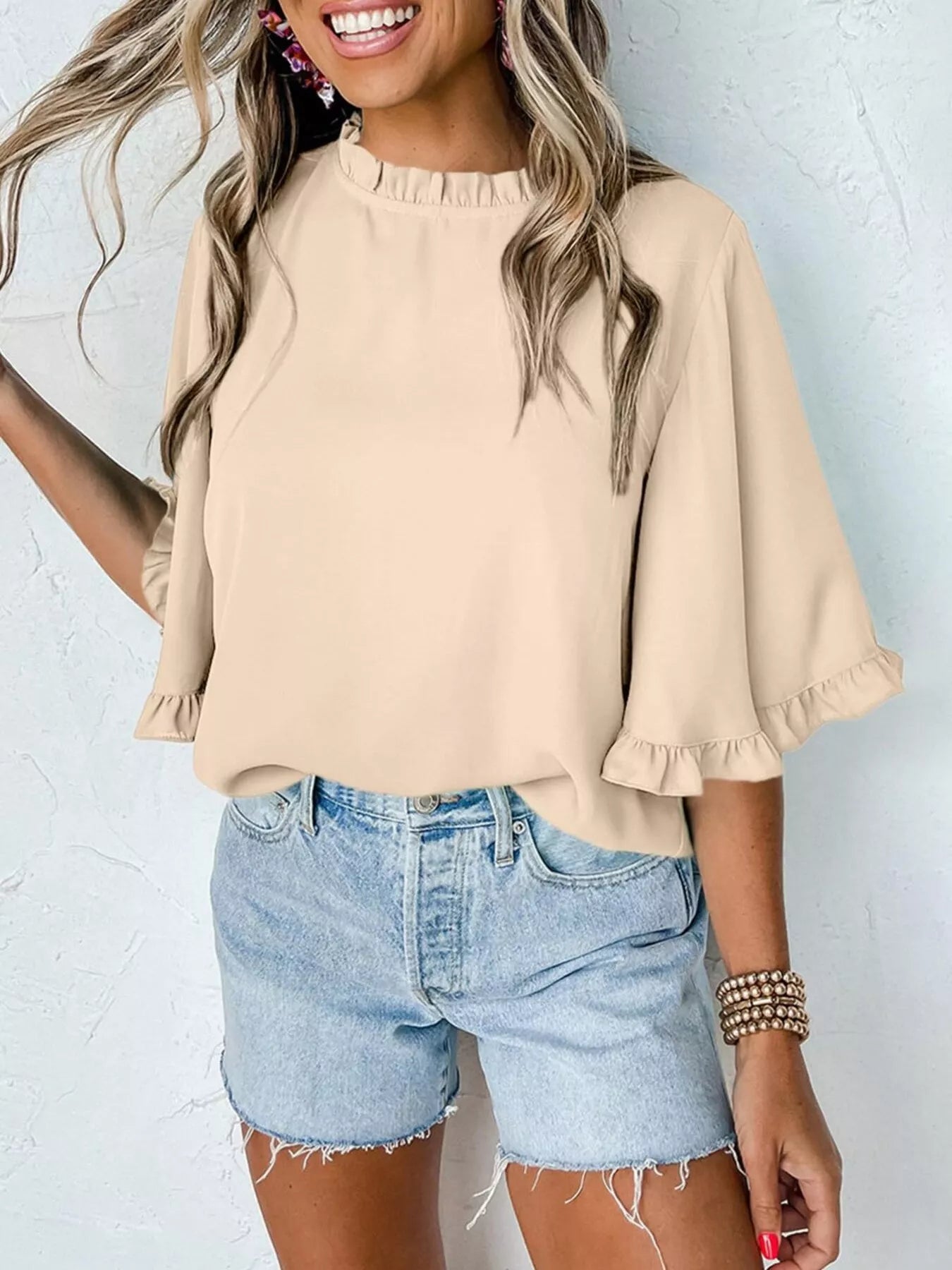 Ruffle Trim Half Sleeve Blouse in beige by Trendsi