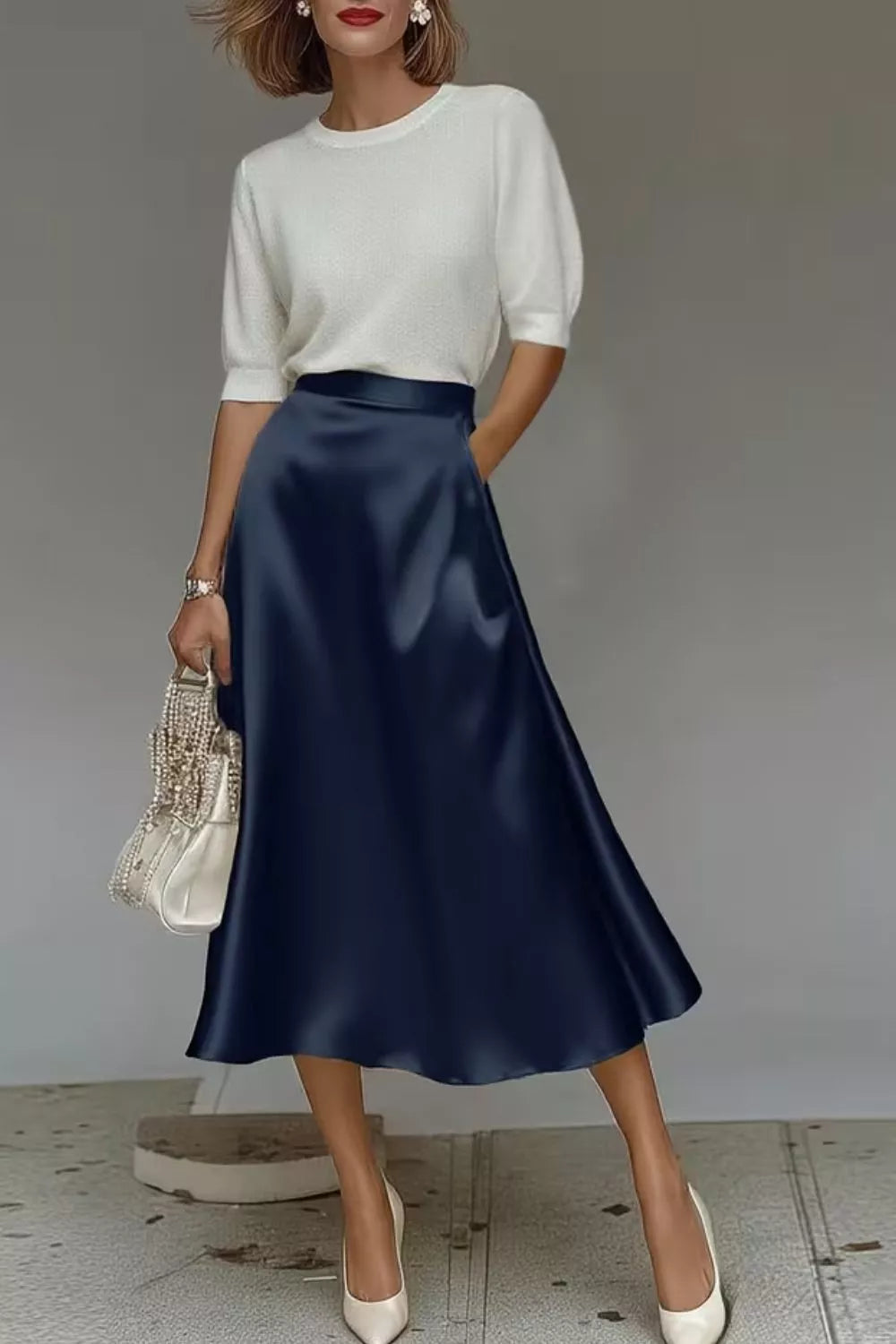 Satin A-line midi skirt in navy with wide swing and side pockets