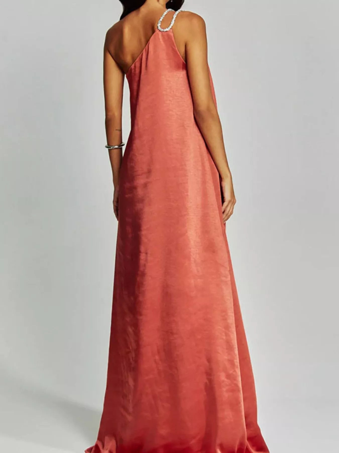Cedar & Moore One-shoulder rhinestone strap satin maxi dress in coral