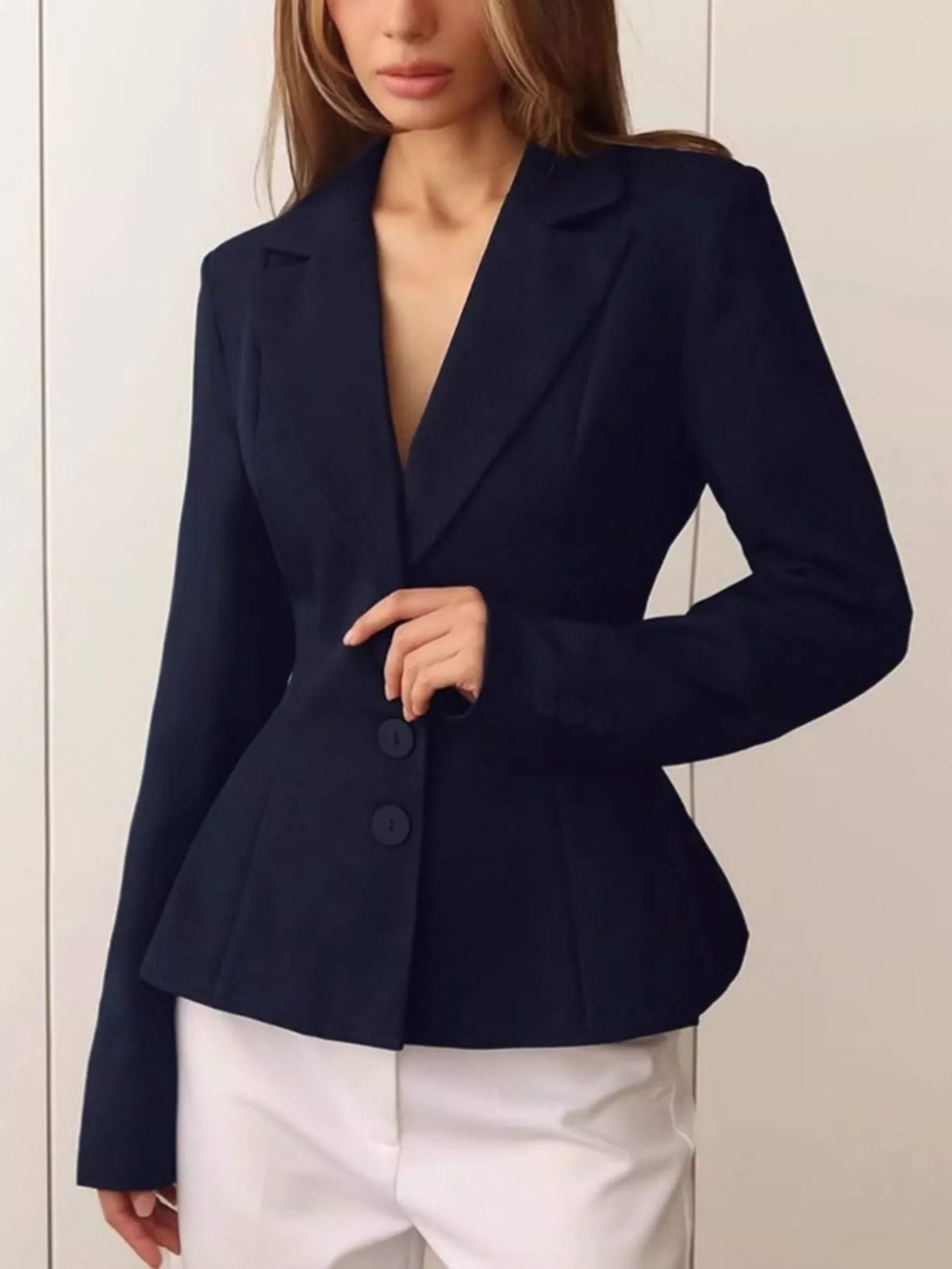 Navy blue lapel-collar button blazer with peplum waist and long sleeves