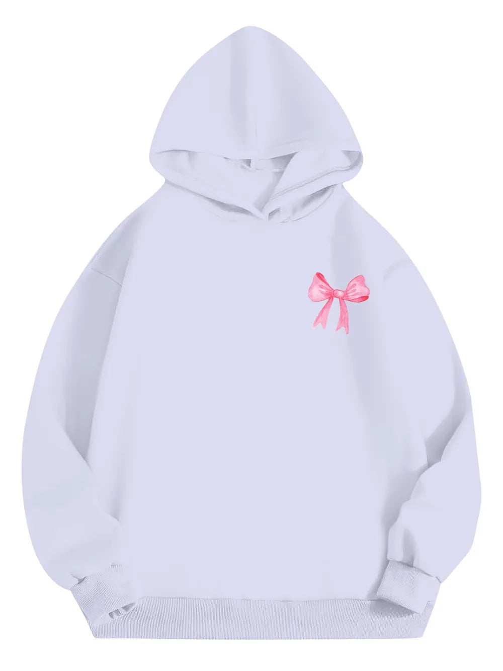Light purple long-sleeve hoodie with small pink bow detail on right chest