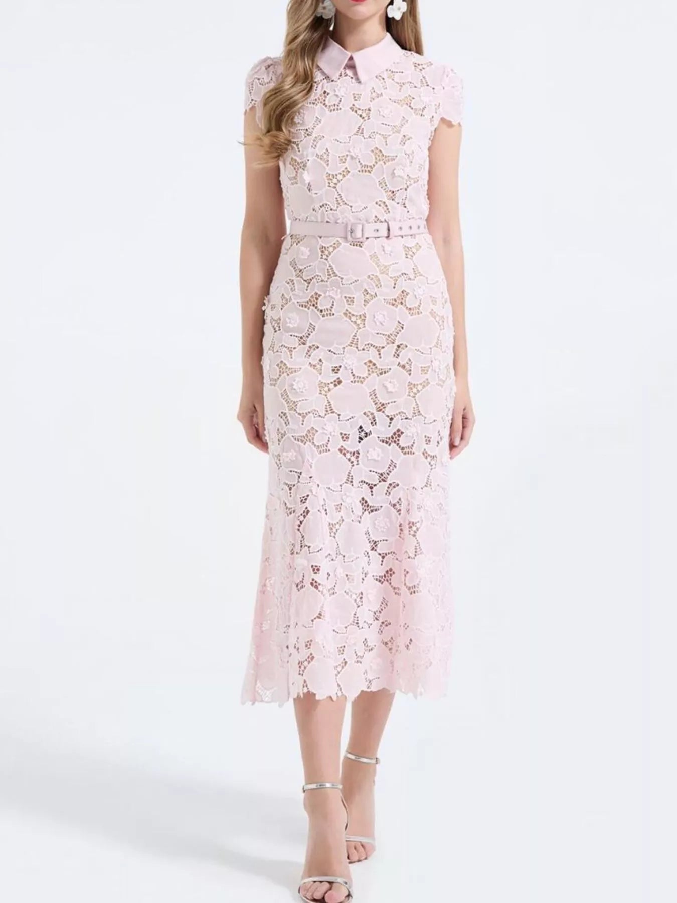 Cedar & Moore Floral Lace Short Sleeve Midi Dress in pale pink with belted waist and zipper