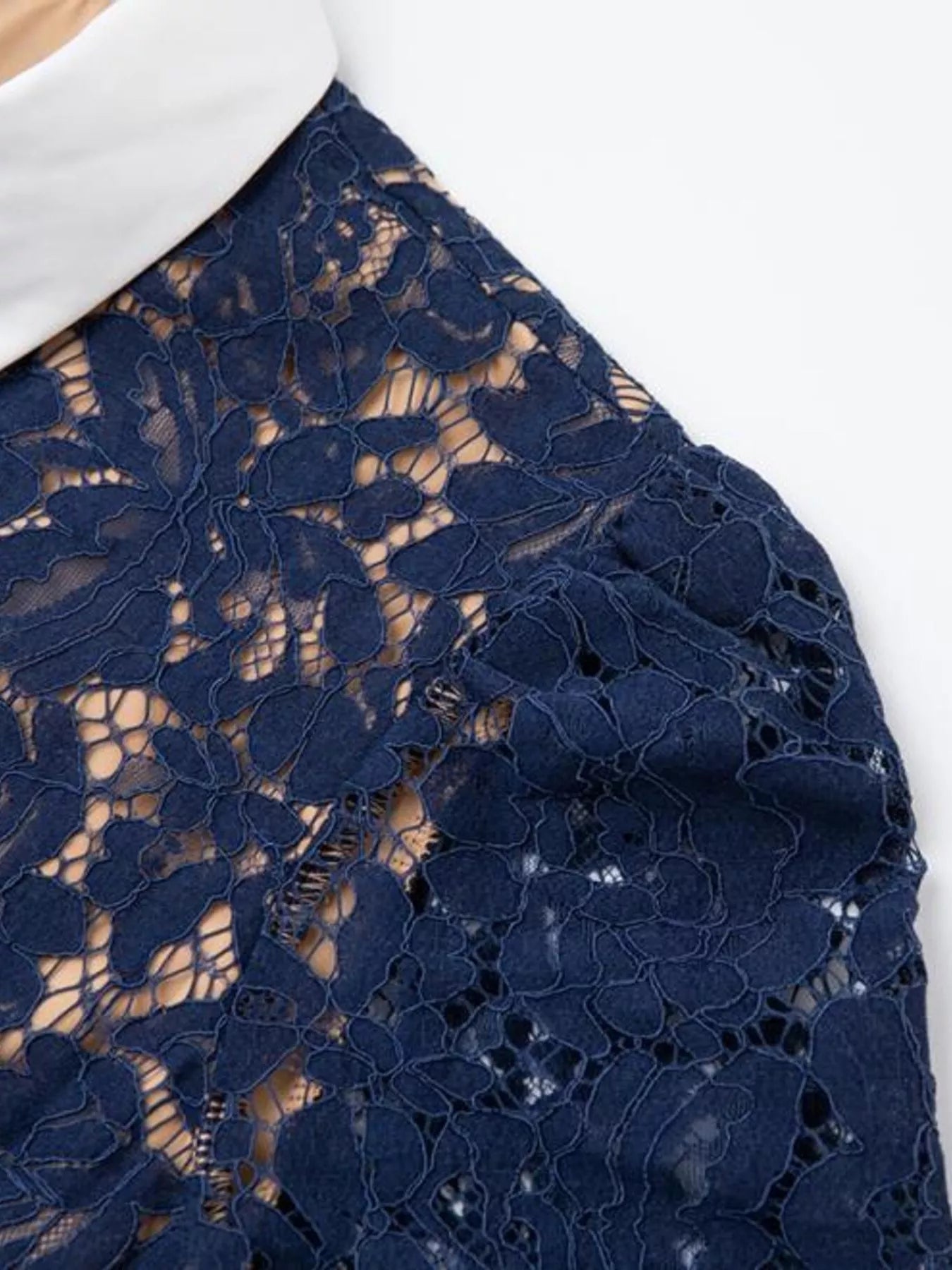 Cedar & Moore Lace Button-Down Midi Dress, navy blue floral lace overlay