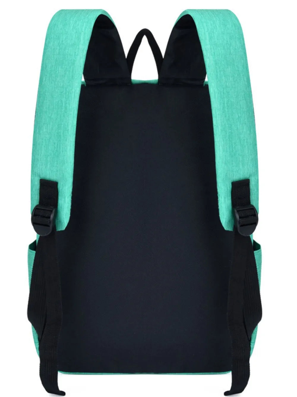 Turquoise nylon backpack back view with two padded shoulder straps and buckles