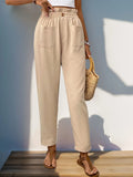 Tan high waist frill pants with elastic waistband and front pockets