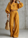 Ochre two-piece set with balloon-sleeve cropped top and wide-leg pants