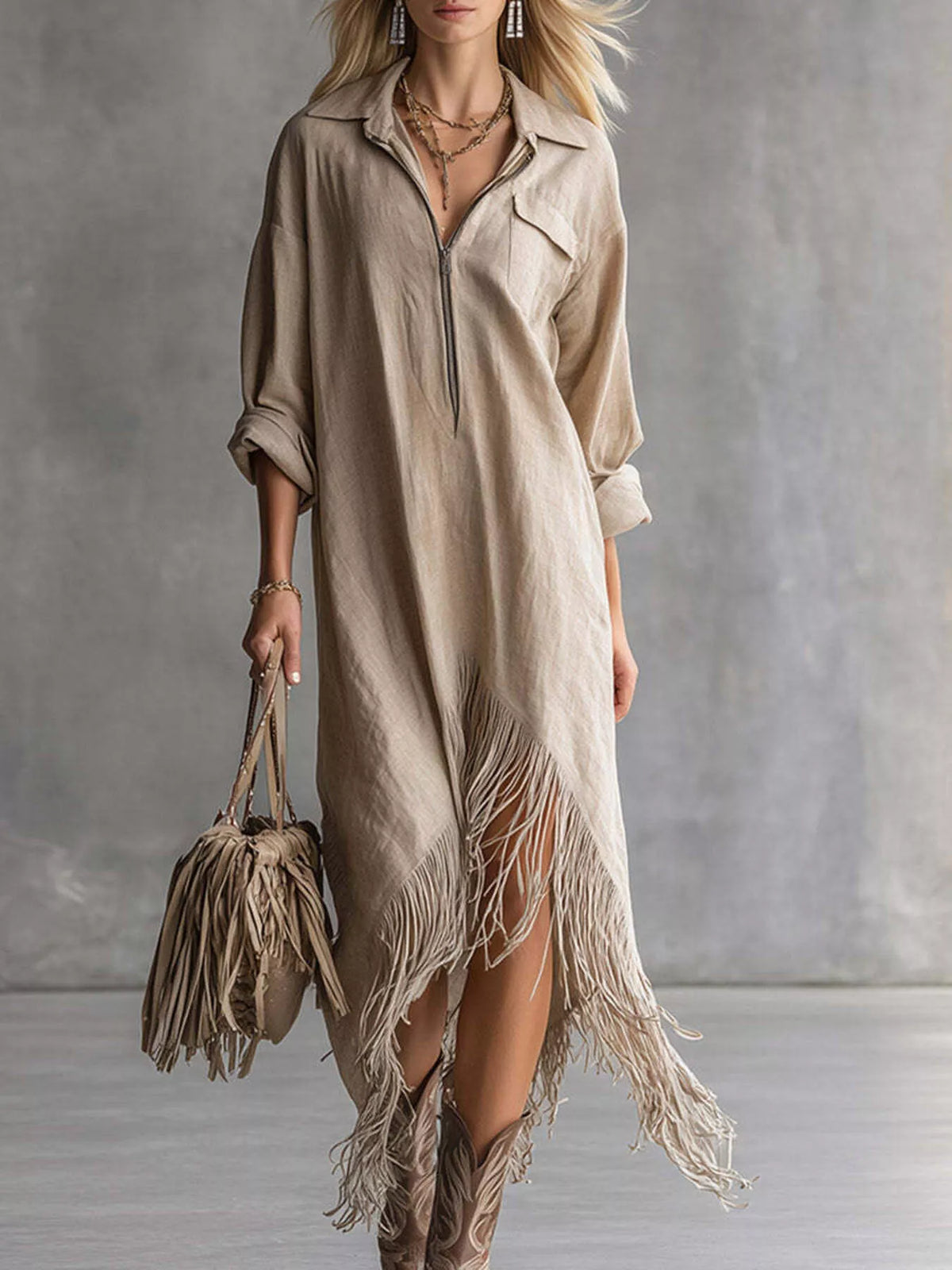 Khaki zip-front shirt dress with fringe hem and draped three-quarter sleeves