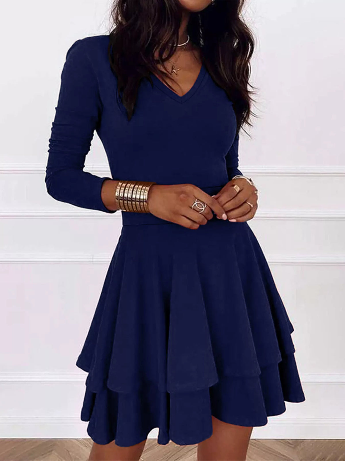 Navy V-neck long sleeve mini dress with tiered ruffle skirt