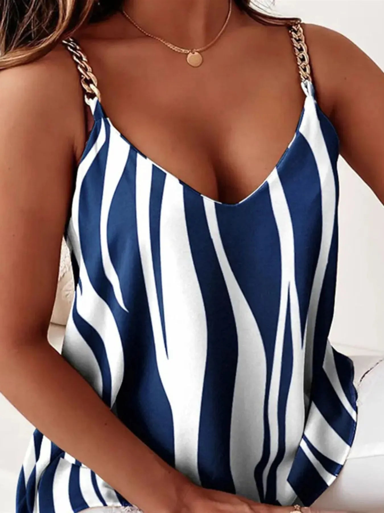 Chain-strap v-neck tank top in white and navy vertical stripes