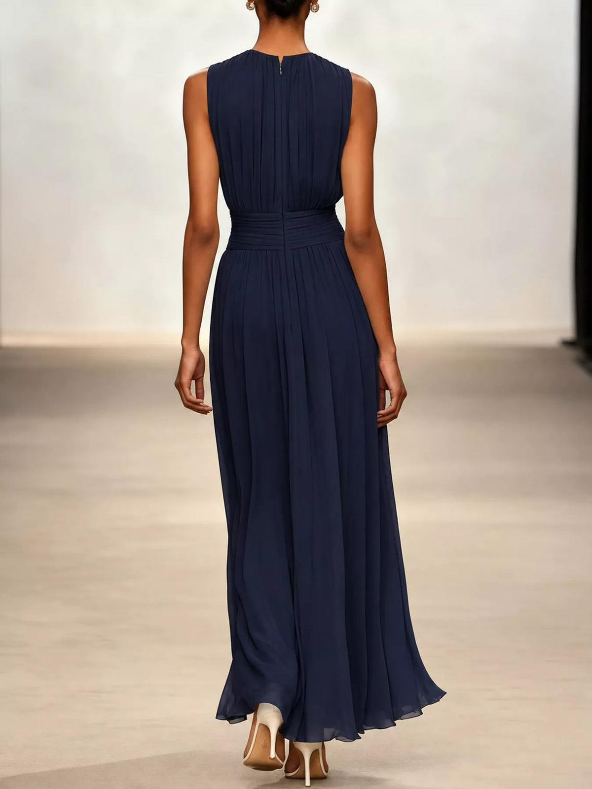 Navy sleeveless ruched chiffon maxi dress, back view with vertical pleats