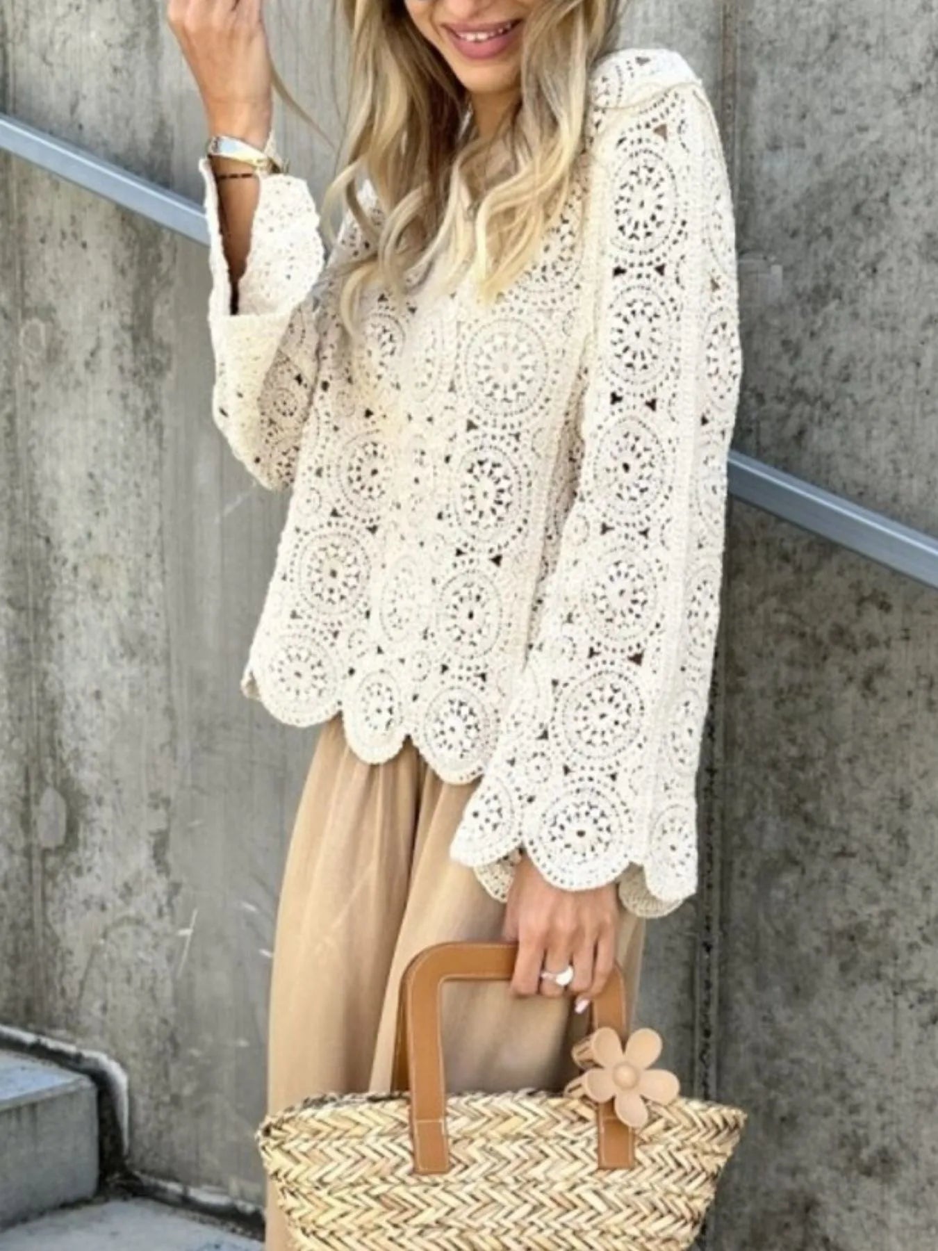 White crochet lace V-neck bell sleeve knit top with circular motif detail