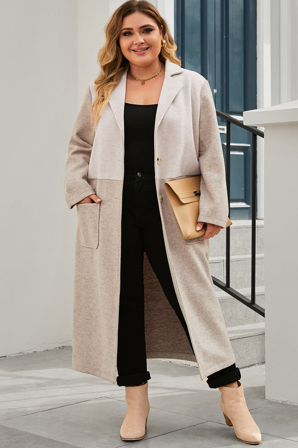 Dust storm longline collared coat with button-front and patch pockets, long sleeves