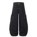 Black wide-leg cargo jeans with button fly, belt loops, and side cargo pockets