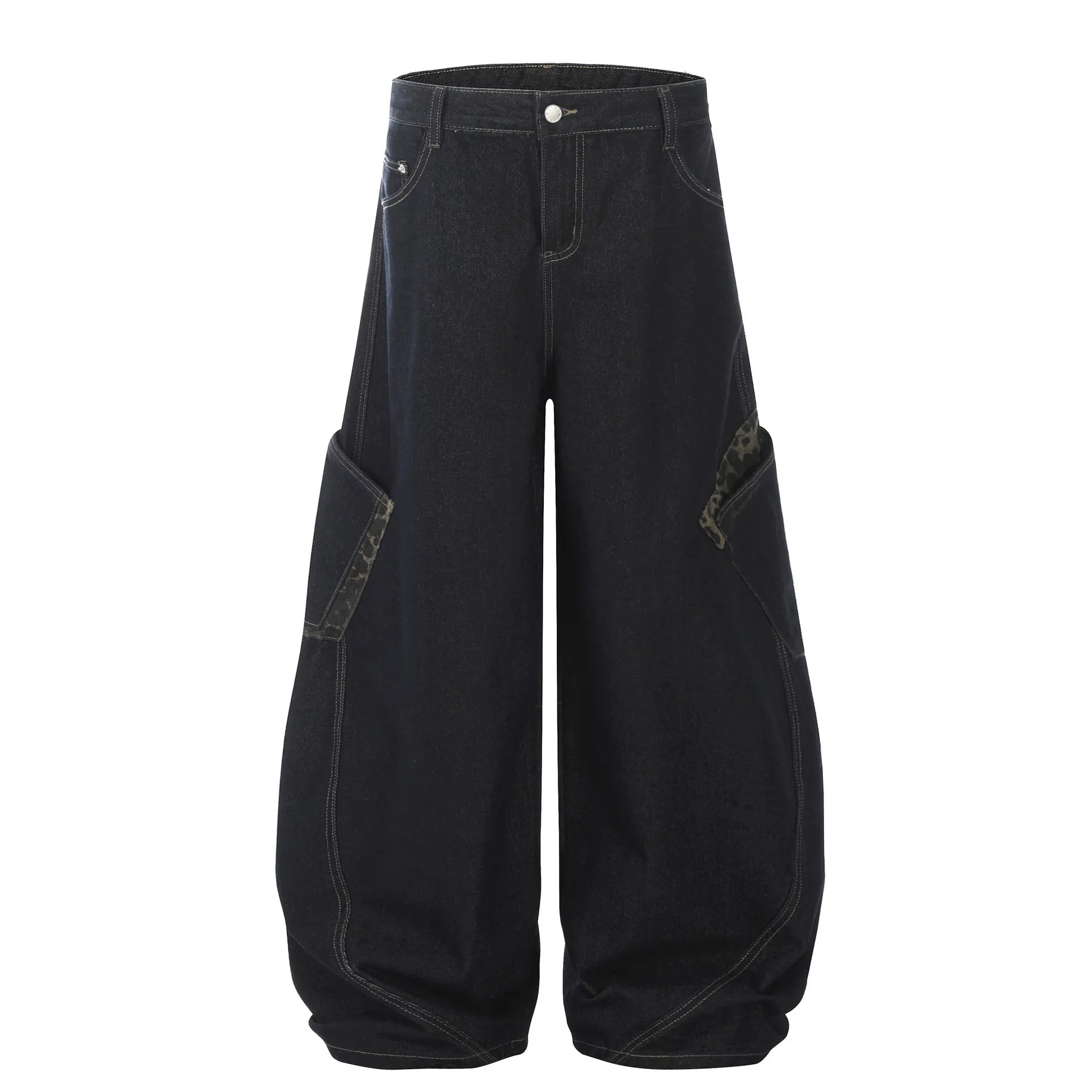Black wide-leg cargo jeans with button fly, belt loops, and side cargo pockets