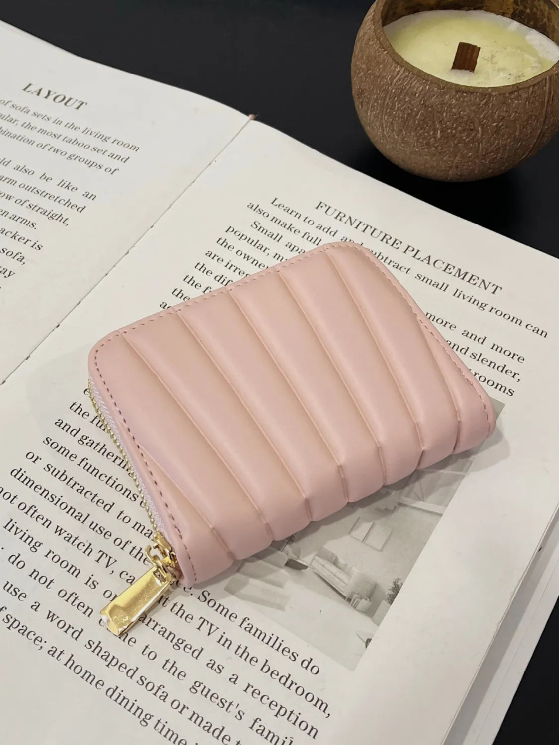 Blush pink mini vegan leather wallet with quilted front and gold zipper