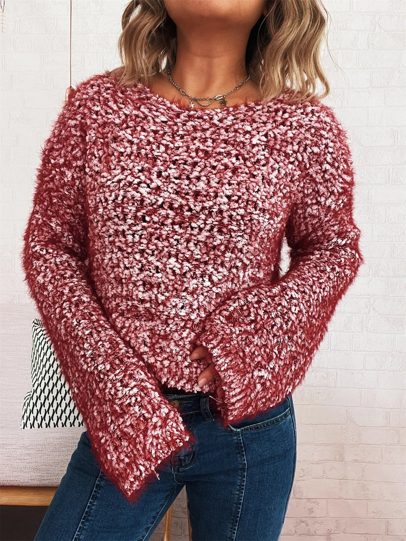 Burgundy crochet round-neck dropped-shoulder sweater with textured chunky open-knit pattern